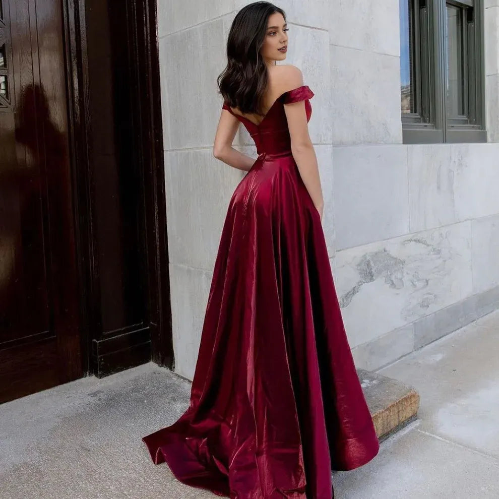 Weitese Dress Sexy Long A-line V-neck Off-the-shoulder Backless Prom Dress With Pockets